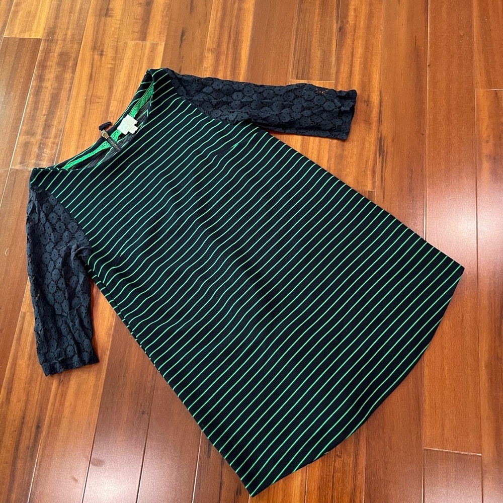 Anthro Postal Service Green Blue Dress Stripe 3/4 Lace Sleeve Shift Size Small